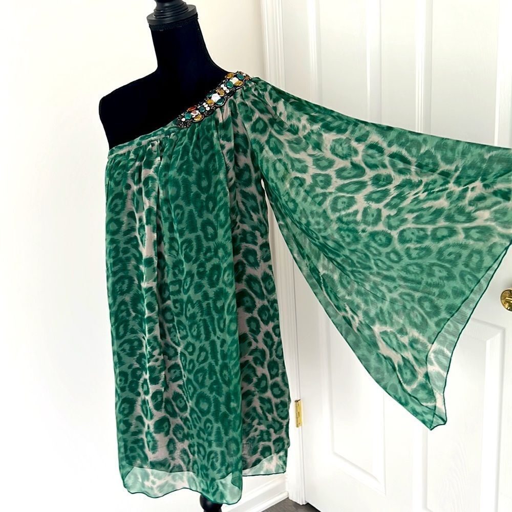 Single dress 100% silk animal print one shoulder green mini dress blouse Sz S